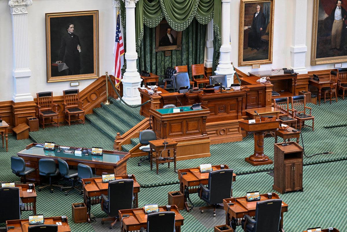 The Texas Senate gallery as technical staff prepares communications for next week's start in the impeachment trial of  Ken Paxton on September 5th.  Paxton is accused of several ethics violations during his three terms as Texas Attorney General.