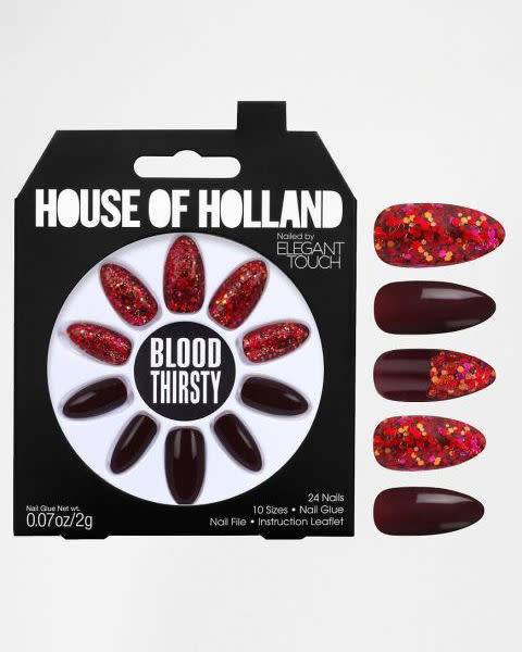 <p>Add a dash of glam to your Halloween costume with blood red press on talons.</p><p><a rel="nofollow noopener" href="https://www.amazon.co.uk/Elegant-Touch-House-Holland-Thirsty/dp/B01EUHQ3F4/ref=sr_1_6_s_it" target="_blank" data-ylk="slk:House Of Holland - £4.95;elm:context_link;itc:0;sec:content-canvas" class="link ">House Of Holland - £4.95</a></p>