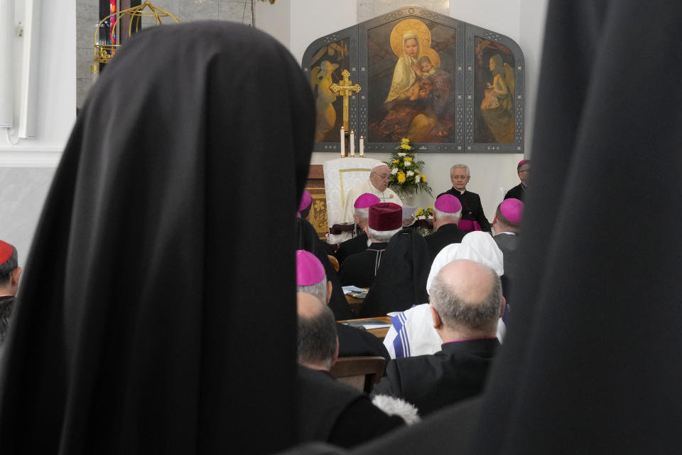 Pope Francis delivers his speech during a meeting with priests, religious men and women, seminarians and catechists at the Our Lady Of Perpetual Help Cathedral in Nur-Sultan, Kazakhstan, Thursday, Sept. 15, 2022. Pope Francis is on the third day of his three-day trip to Kazakhstan. (AP Photo/Andrew Medichini)