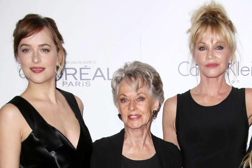 <p>Matt Baron/Shutterstock </p> Dakota Johnson, Tippi Hedren and Melanie Griffith in Los Angeles on Oct. 19, 2015