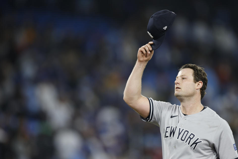 TORONTO, CANADA - SEPTEMBER 27: Gerrit Cole #45 of the New York Yankees celebrates pitching a complete game shutout against the Toronto Blue Jays at Rogers Centre on September 27, 2023 in Toronto, Canada. (Photo by Cole Burston/Getty Images)