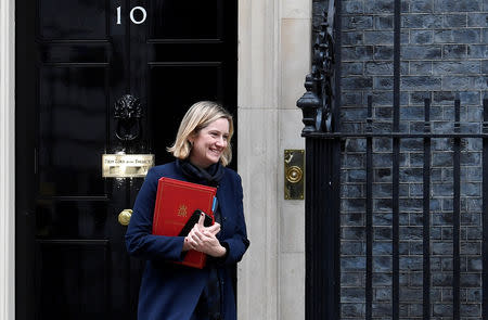 FILE PHOTO: Britain's Secretary of State for Work and Pensions Amber Rudd is seen outside of Downing Street in London, Britain, February 12, 2019. REUTERS/Toby Melville