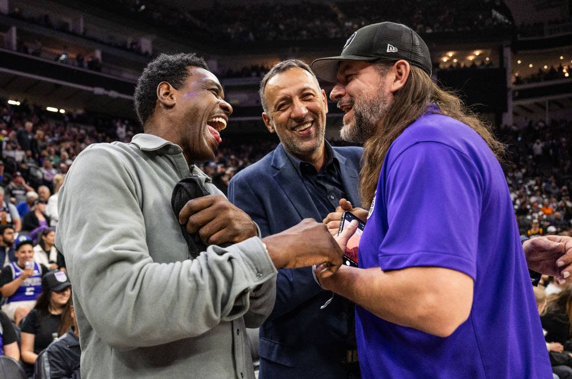 Former Sacramento Kings players Chris Webber, Blade Divac and Brad Miller share some laughs during an NBA game against the Phoenix Suns at Golden 1 Center on Friday, April 12, 2024.
