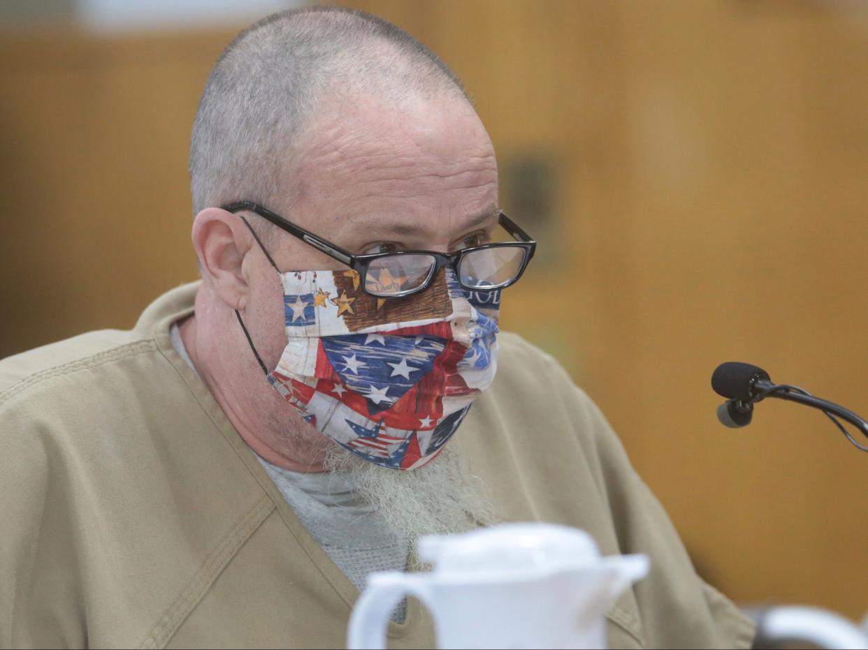 <p>Brian Dripps addresses Judge Joel Tingey during his plea hearing at the Bonneville County Courthouse on Tuesday 9 February 2021 in Idaho Falls, Idaho.</p> ((Associated Press))