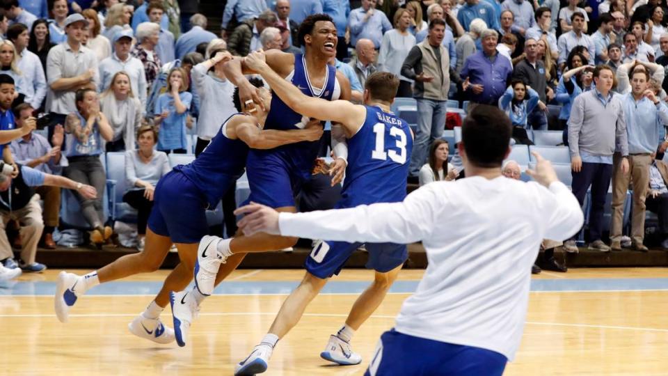 Duke’s Wendell Moore Jr. (0) celebrates after hitting the game winner during Duke’s 98-96 overtime victory over UNC at the Smith Center in Chapel Hill, N.C., Saturday, Feb. 8, 2020.