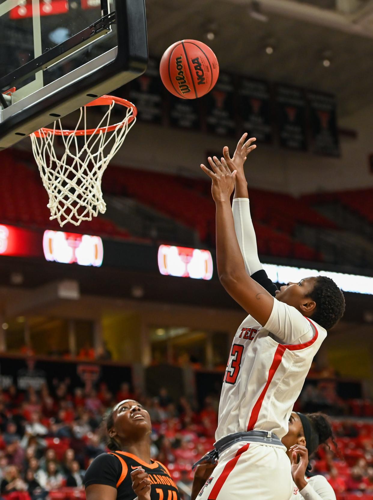 Texas Tech's Khadija Faye (23) puts up two points at the game on Saturday, Jan. 8, 2022, at United Supermarkets Arena in Lubbock, Texas.