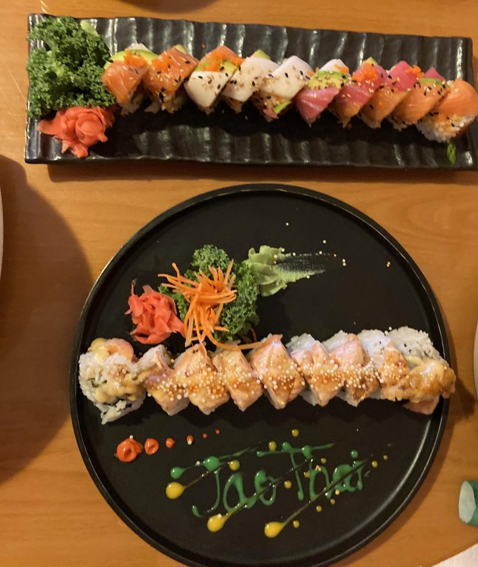 Among the sushi specials currently featured at Jao Thai Kitchen is the Seven Seas Roll, accompanied here by the Melbourne restaurant’s signature Jao Thai Roll.