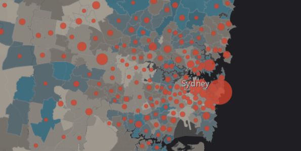 Red circles on the interactive map display numbers of cases while the different shades of blue on this particular map identify areas with larger populations of elderly people. Source: UoS