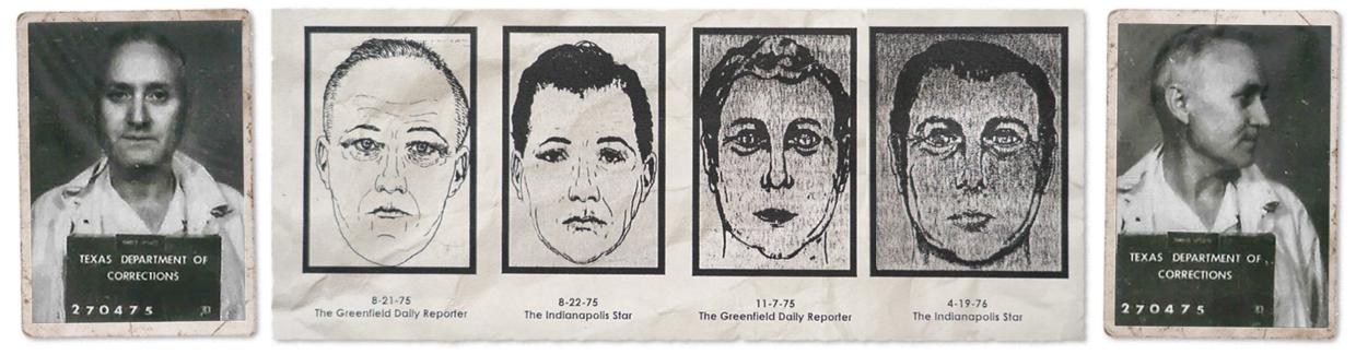 A mugshot and side profile of Thomas Williams next to police sketches from 1975 and 1976, based on the girls' descriptions.