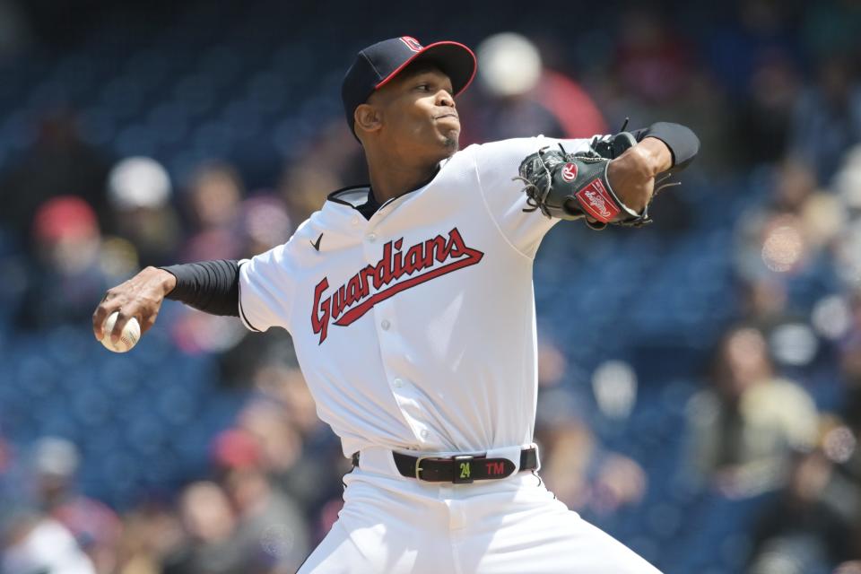 Cleveland Guardians starting pitcher Triston McKenzie (24) throws a pitch during the first inning against the Boston Red Sox on Thursday in Cleveland.