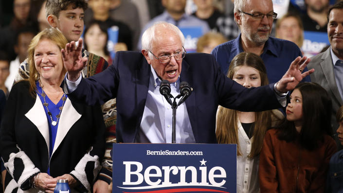 Sen. Bernie Sanders is accompanied by his relatives, including his wife Jane, as he addresses supporters at his Super Tuesday night rally in Essex Junction, Vermont, U.S., March 3, 2020. (Caitlin Ochs/Reuters)
