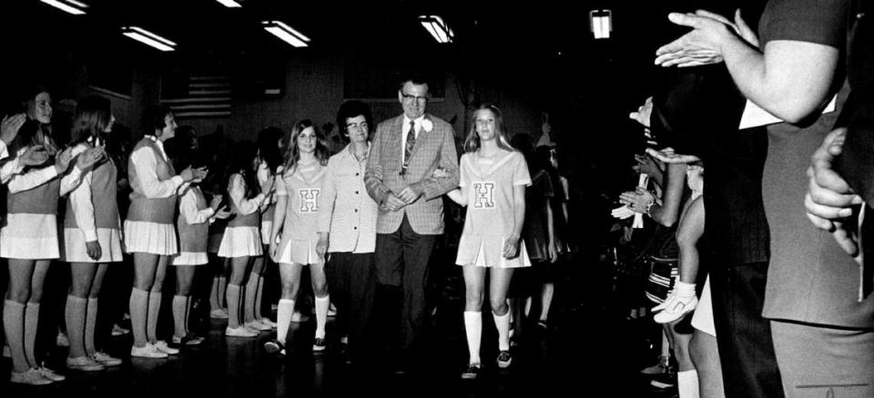 Hadley Junior High School Principal Floyd Moore was honored at a school program in 1972. Moore had been the school’s principal since the school opened in 1958. About 400 members of the girls physical education department staged a surprise tribute to Moore that was attended by 750 students and parents.