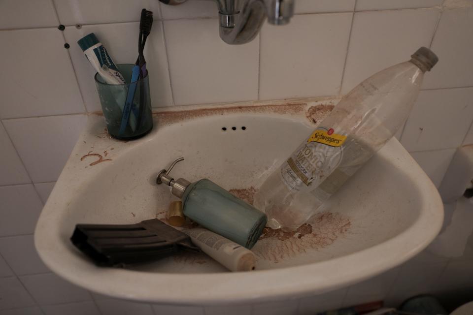 A photo of a weapon magazine left in a sink, after infiltration by Hamas gunmen in Kibbutz Kfar Aza.