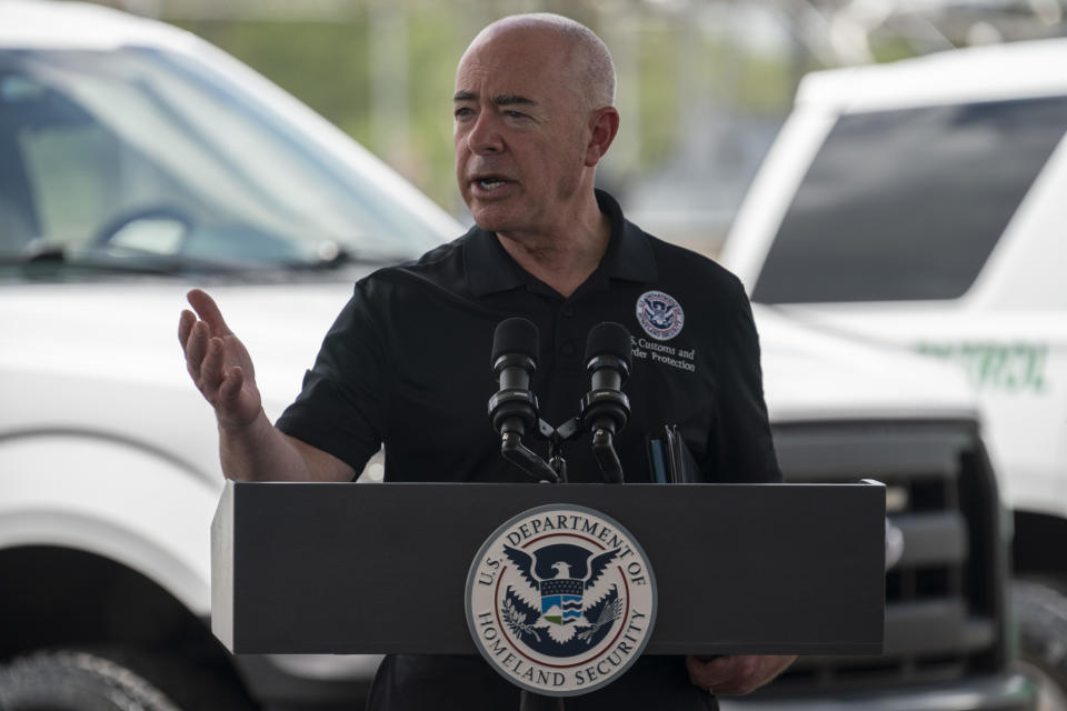 Alejandro Mayorkas, secretary of the Department of Homeland Security, speaks during a new conference in Brownsville, Texas, on Thursday, August 12, 2021.  / Credit: Bloomberg/Getty Images