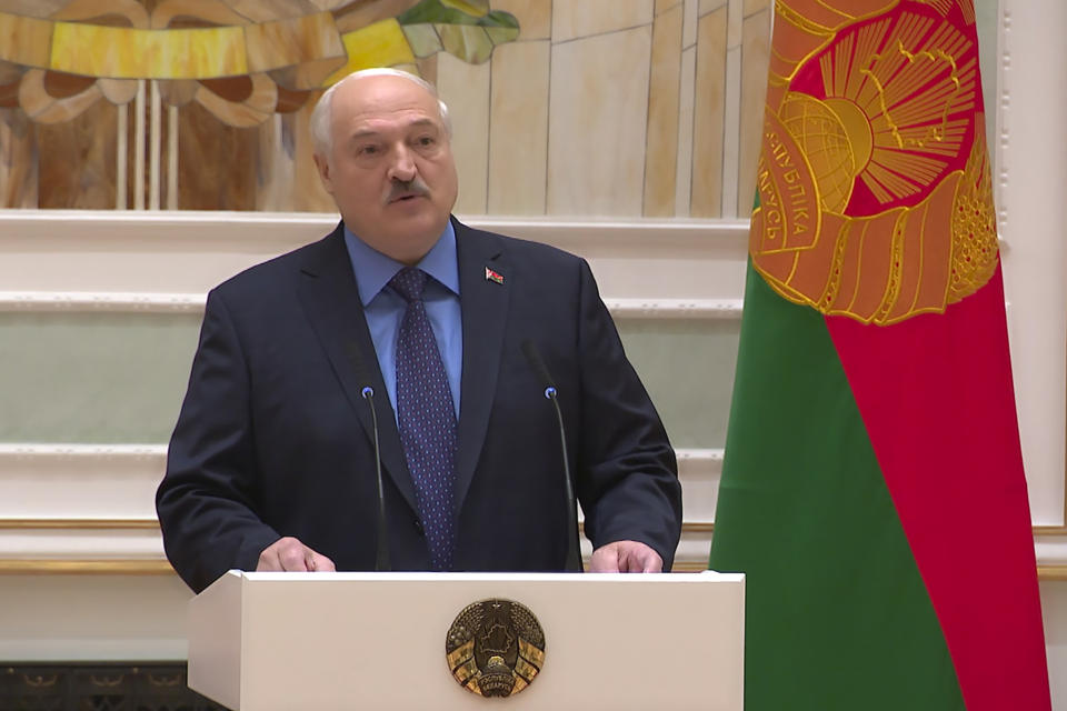 This handout photo taken from video released Tuesday, June 27, 2023 by Belarus' Presidential Press Office, shows Belarusian President Alexander Lukashenko delivering his speech during a ceremony presenting the general's epaulettes in Minsk. President Alexander Lukashenko, a close Putin ally who brokered a deal with Prigozhin to stop the uprising, didn't immediately address Prigozhin's fate in a speech Tuesday. Lukashenko framed the insurrection by Wagner as a significant threat, saying he placed Belarus' armed forces on a combat footing as the mutiny unfolded. (Belarusian Presidential Press Office via AP)