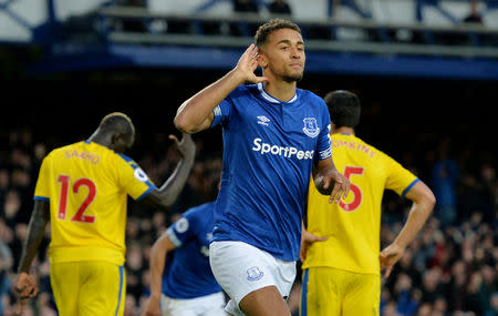 Soccer Football - Premier League - Everton v Crystal Palace - Goodison Park, Liverpool, Britain - October 21, 2018 Everton's Dominic Calvert-Lewin celebrates scoring their first goal REUTERS/Peter Powell