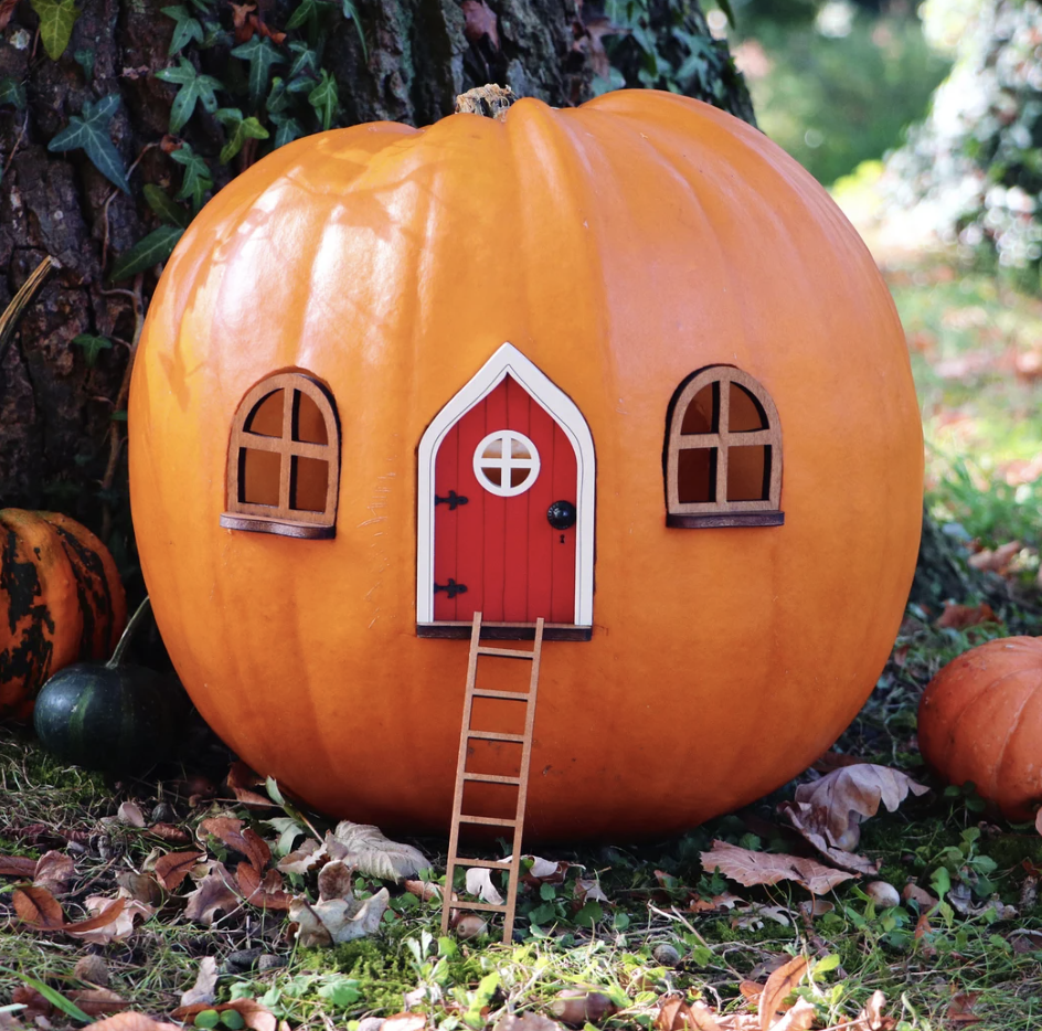 Fairy Garden Pumpkin House, plastic pumpkin with red door and ladder (Photo via Etsy)