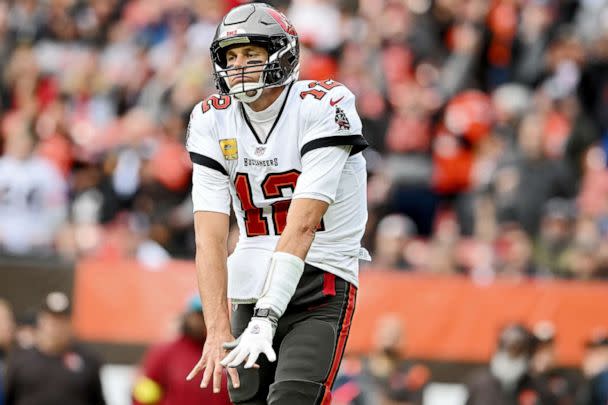 PHOTO: Tom Brady of the Tampa Bay Buccaneers reacts during the first half against the Cleveland Browns at FirstEnergy Stadium on Nov. 27, 2022, in Cleveland. (Nick Cammett/Getty Images, FILE)