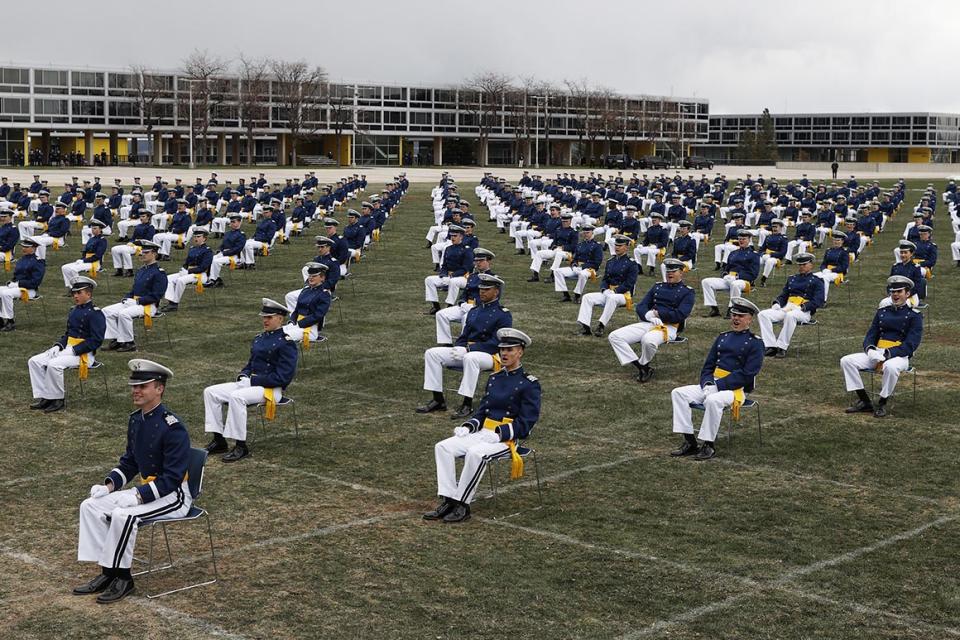 Cadets are seated to match social distancing norms due to the coronavirus outbreak during the graduation ceremony for the Class of 2020 at the U.S. Air Force Academy, Saturday, April 18, 2020, at Air Force Academy, Colo. (AP Photo/David Zalubowski)
