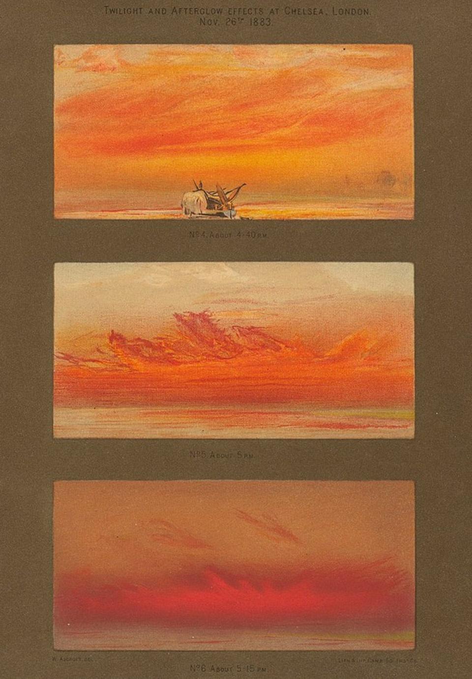 <span class="caption">Bocetos de crepúsculo y resplandor crepuscular en una noche en 1883 en Londres después de la erupción del Krakatoa.</span> <span class="attribution"><span class="source">William Ashcroft via Houghton Library/Harvard University</span></span>