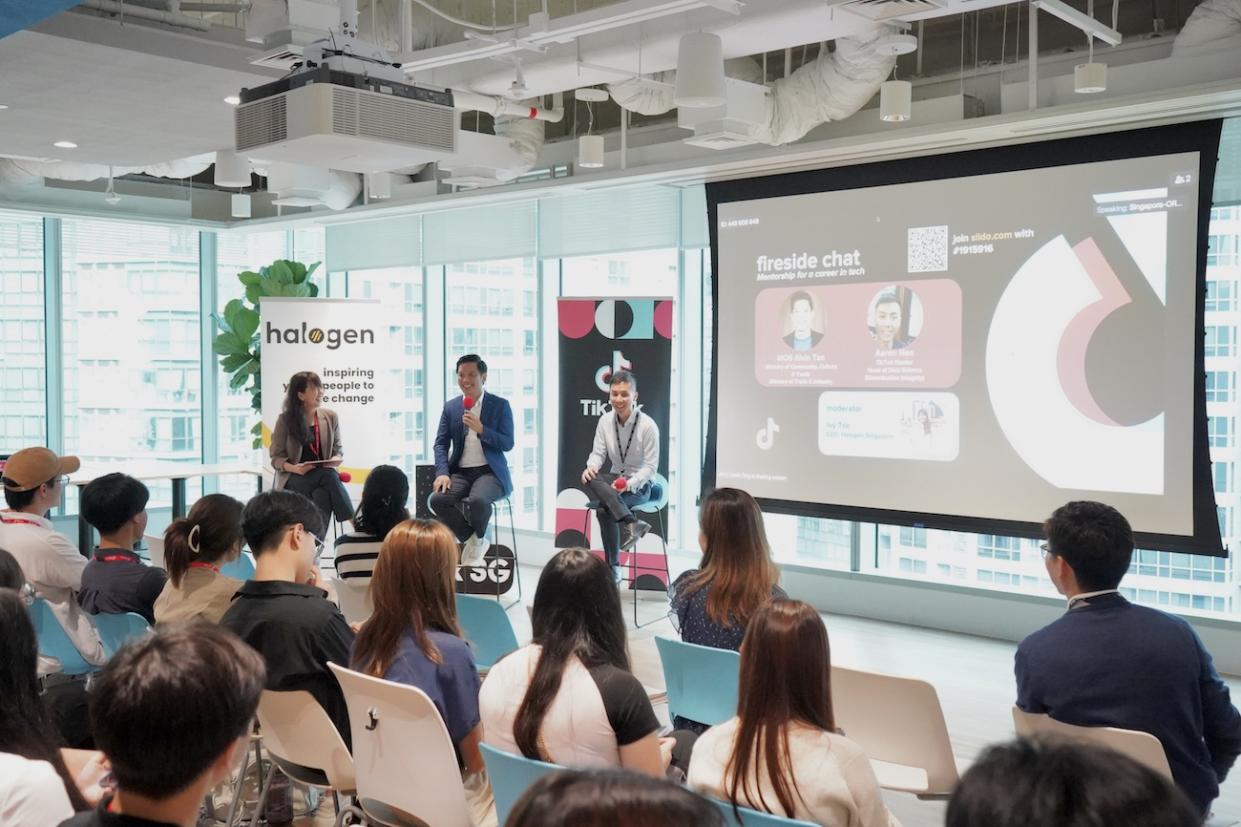 (From left to right) Ivy Tse, CEO at Halogen Foundation, Alvin Tan, Minister of State for Culture, Community and Youth and Aaron Neo, TikTok APAC's head of data science (monetisation integrity) during a fireside chat at the launch of the TikTok x Halogen Foundation Mentorship Programme. 
