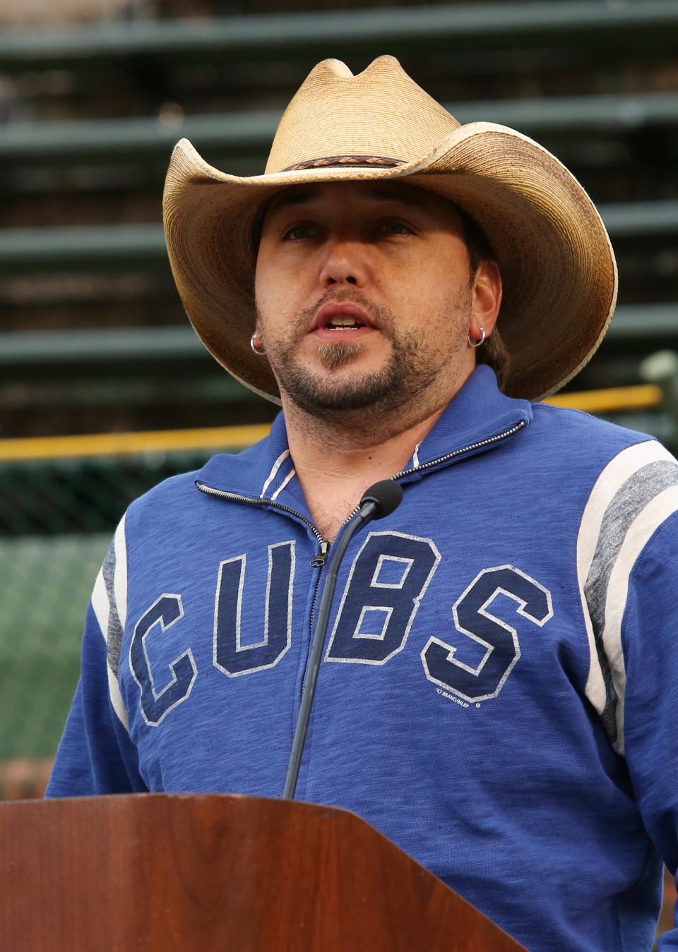 Country singer Jason Aldean speaks during a news conference at Wrigley Field to announce his 2013 Night Train Tour on Thursday, Oct. 18, 2012, in Chicago. (Photo by Barry Brecheisen/Invision/AP)