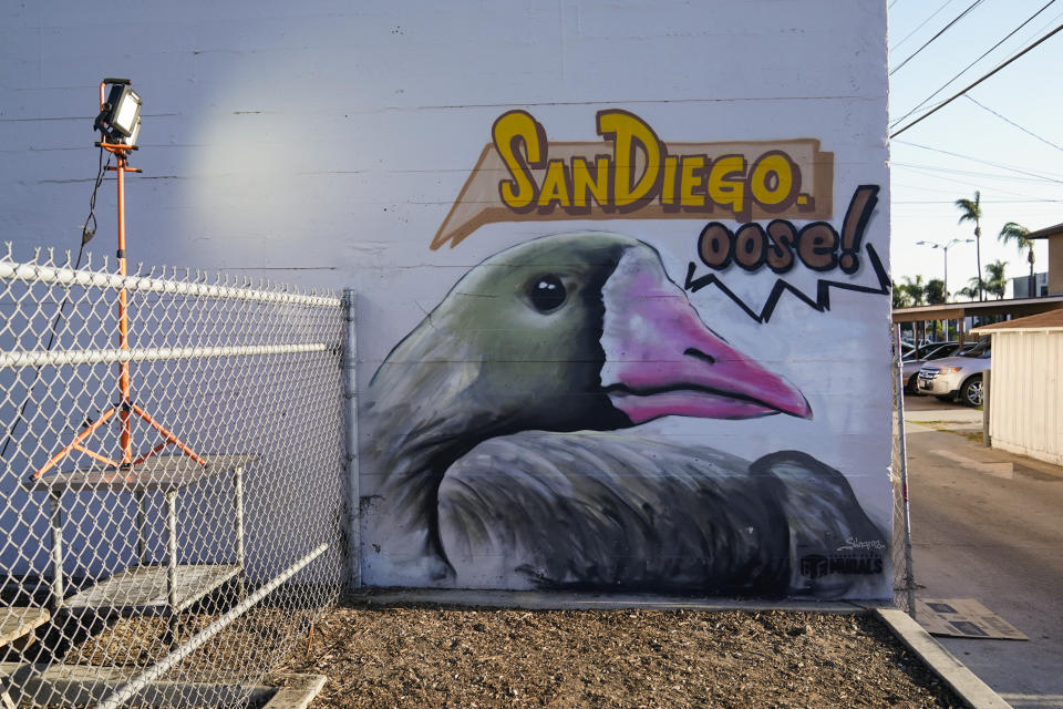 A mural depicting a goose is displayed on the side of The Vogue Theater in Chula Vista, Monday, Oct. 17, 2022. The mural, painted by Paul Jimenez, references a moment when a goose landed on the field in Game 2 of the NLDS baseball playoff game between the San Diego Padres and the Los Angeles Dodgers. It was painted near a mural of the Padres' Manny Machado. (AP Photo/Ashley Landis)