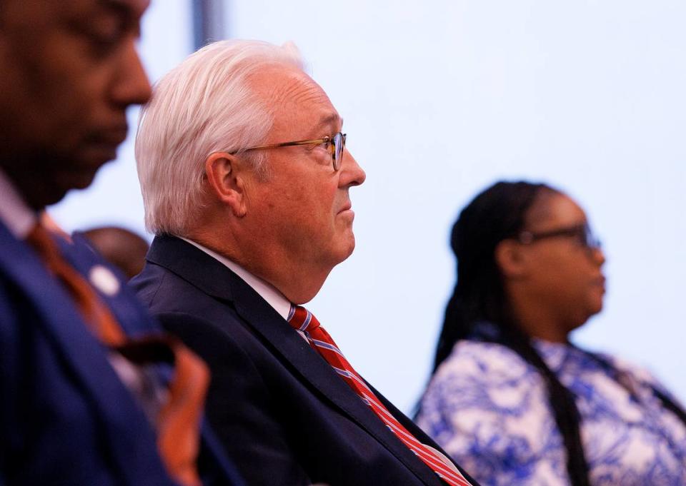 N.C. State Chancellor Randy Woodson listens during a meeting of the UNC System Board of Governors on Thursday, May 23, 2024, in Raleigh, N.C.