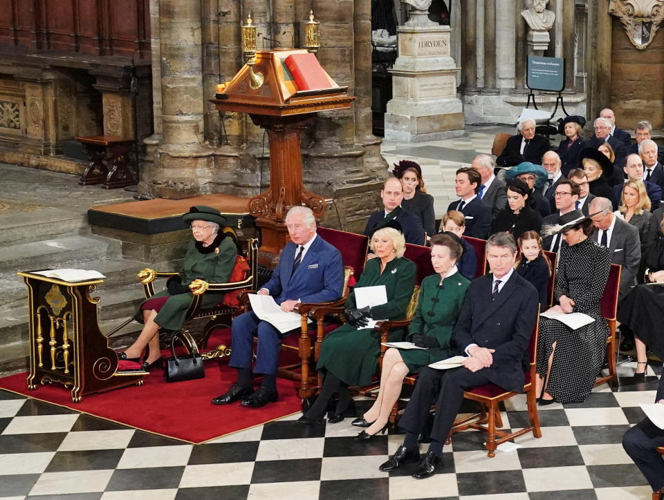 Britain's Queen Elizabeth, Prince Charles, Camilla Duchess of Cornwall, Anne Princess Royal, Vice Admiral Sir Timothy Laurence, Prince William, Catherine, Duchess of Cambridge, Prince George and Princess Charlotte, attend a service of thanksgiving for late Prince Philip, Duke of Edinburgh, at Westminster Abbey in London, Britain, March 29, 2022. (REUTERS)