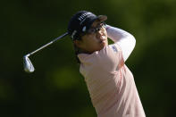 Nasa Hataoka, of Japan, hits off the 15th tee during the first round of the LPGA Cognizant Founders Cup golf tournament, Thursday, May 9, 2024, in Clifton, N.J. (AP Photo/Seth Wenig)