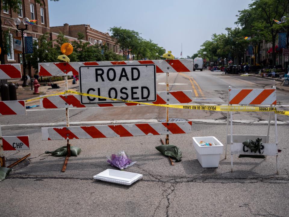 A road sign near the site of the Highland Park mass shooting