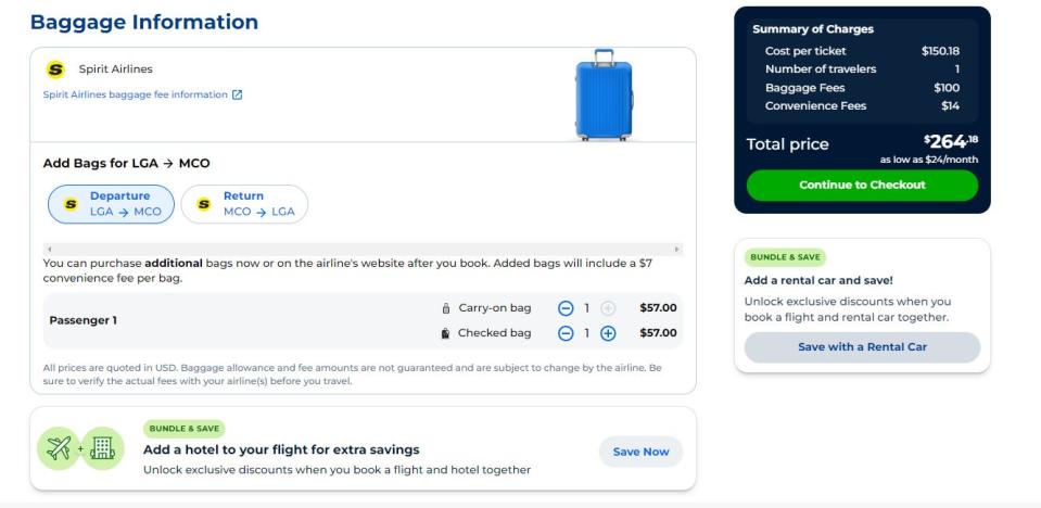 The Priceline website showing bag allowance can be added.