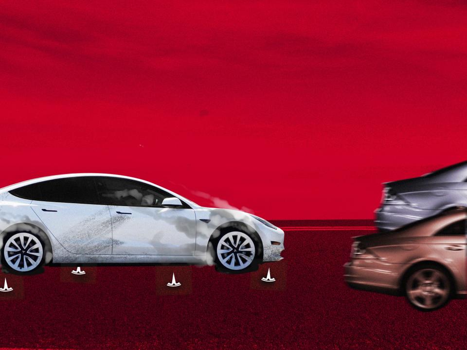 broken down tesla with flat tires trailing behind two speeding cars, surrounded by pins on the ground made of the upside-down tesla logo, against a red road and sky