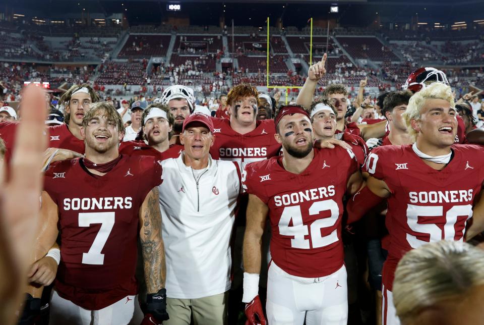 Oklahoma head football coach Brent Venables stands with players following the college football game between the University of Oklahoma Sooners and the Southern Methodist University Mustangs at the Gaylord Family Oklahoma Memorial Stadium in Norman, Okla., Saturday, Sept. 9, 2023.