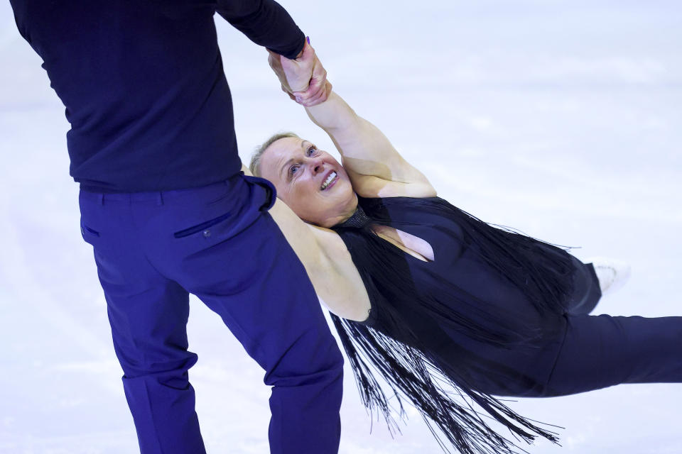 British ice dancers Jayne Torvill and Christopher Dean perform the routine which gave them the first, and so far only, perfect score in Olympic skating history, Bolero, during an ice skating show, in Sarajevo, Bosnia, Wednesday, Feb. 14, 2024. The pair received a warm welcome as they returned to Sarajevo to mark the 40th anniversary of their gold medal-winning Winter Olympic performance. (AP Photo/Armin Durgut)