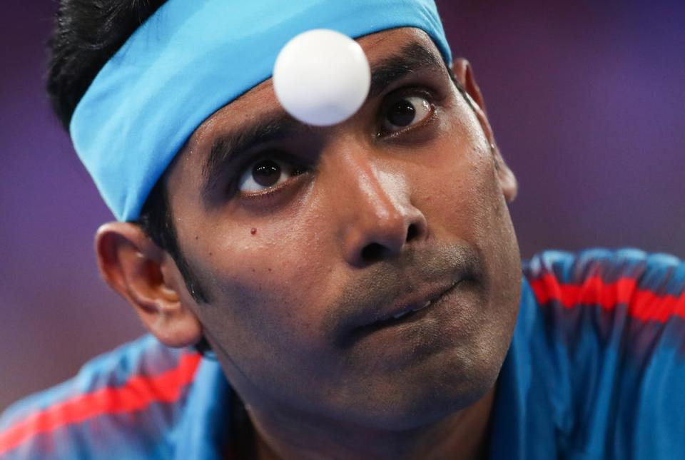 India’s Sharath Kamal Achanta in action during the table tennis men’s singles semi-final match against Paul Drinkhall of Team England (Isaac Parkin/PA) (PA Wire)