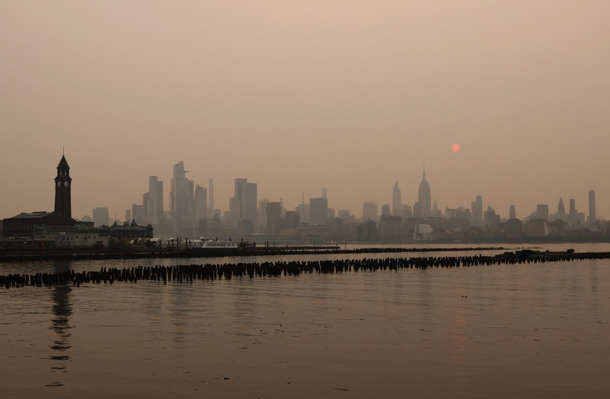 A smoky sky blankets the New York City skyline.