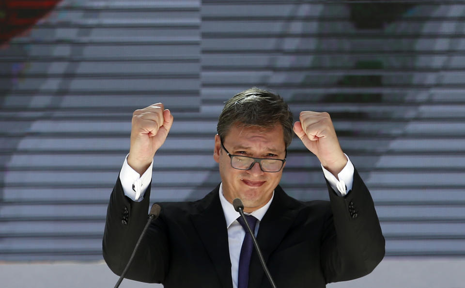 Serbian President Aleksandar Vucic gestures during a rally in the northern, Serb-dominated part of Mitrovica, Kosovo, Sunday, Sept. 9, 2018. NATO-led peacekeepers in Kosovo say the safety of Serbia President Aleksandar Vucic during a visit to Kosovo isn't threatened despite roadblocks that prevented his visit to a central Serb-populated village. (AP Photo/Darko Vojinovic)