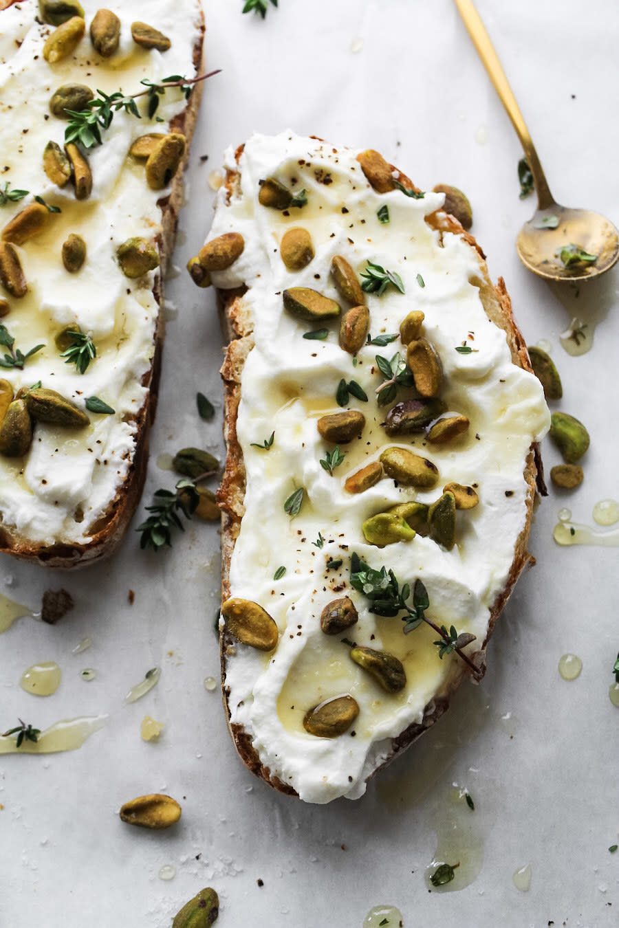 Ricotta toast with pistachios.