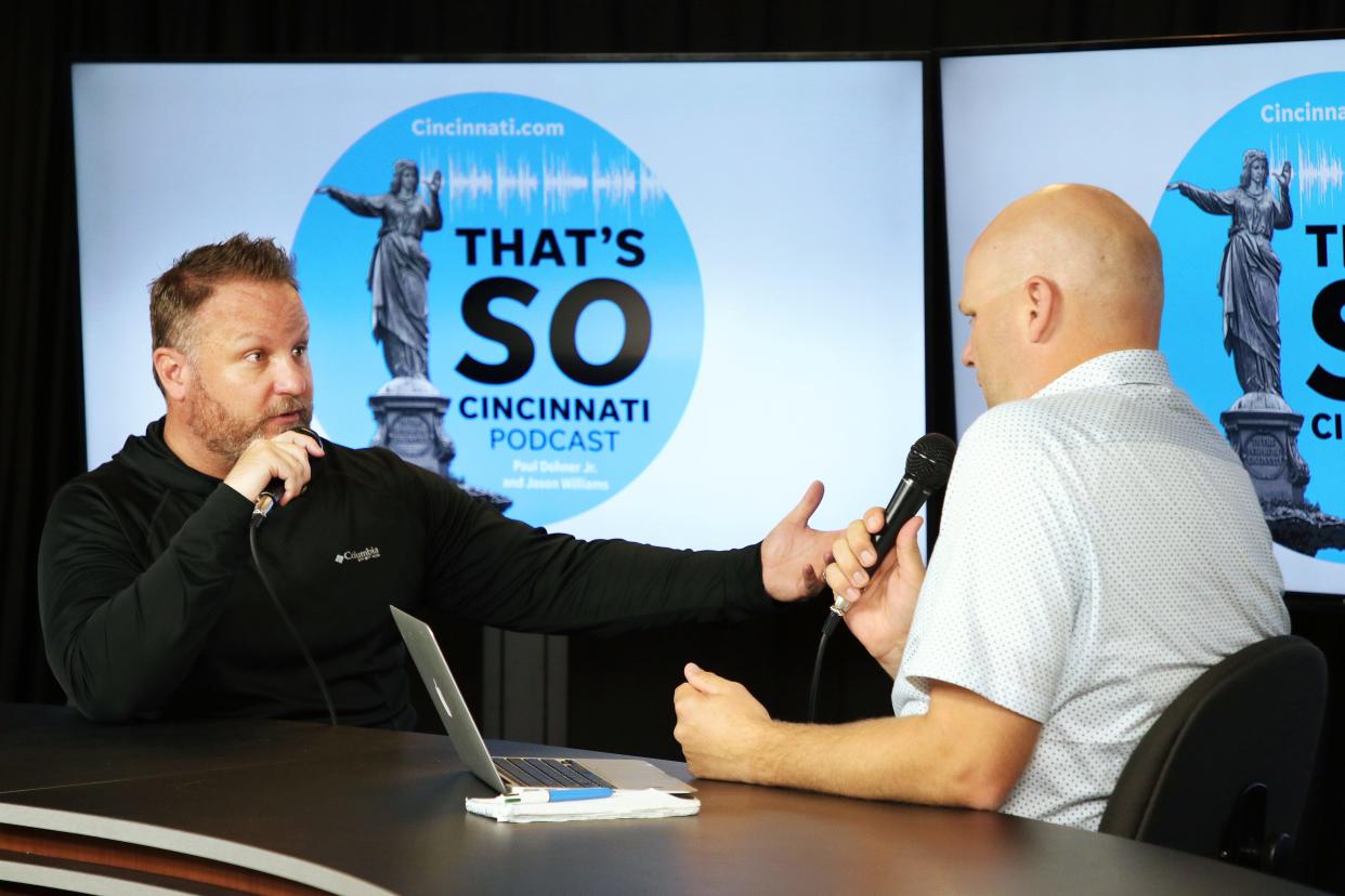 New Cincinnati.com sports columnist Jason Williams, left, and former Enquirer Bengals reporter Paul Dehner Jr. on the set of the "That's So Cincinnati" podcast in 2018.