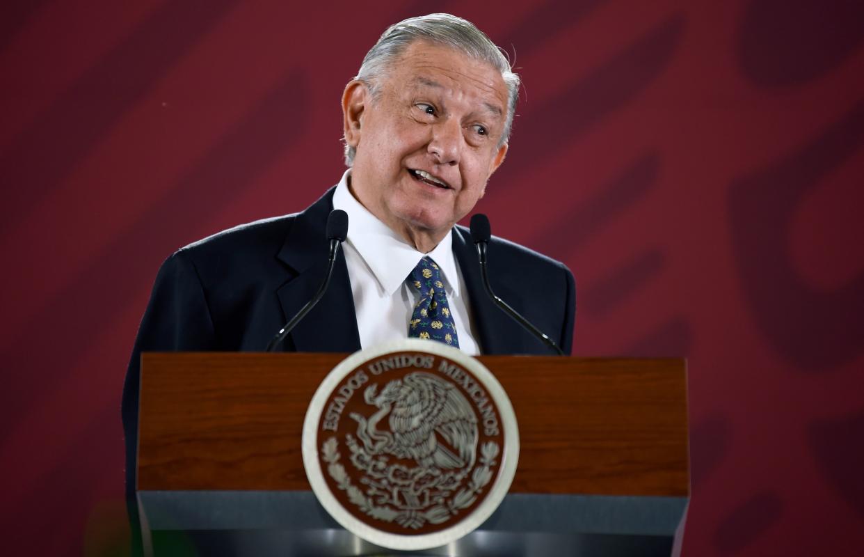 Mexican President Andres Manuel Lopez Obrador gestures as he speaks during a press conference at the Palacio Nacional in Mexico City on July 10, 2019. - Arturo Herrera replaced Carlos Urzua as Mexican Secretary of Finance, after he resigned on July 9, 2019 citing discrepancies with Lopez Obrador's government. (Photo by ALFREDO ESTRELLA / AFP)        (Photo credit should read ALFREDO ESTRELLA/AFP/Getty Images)