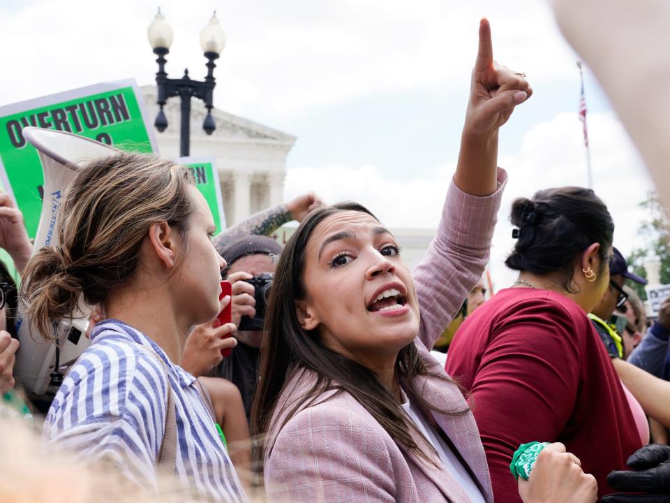 Rep. Alexandria Ocasio-Cortez, D-N.Y., joins abortion-rights activists as they demonstrate following Supreme Court's decision to overturn Roe v. Wade in Washington, Friday, June 24, 2022.