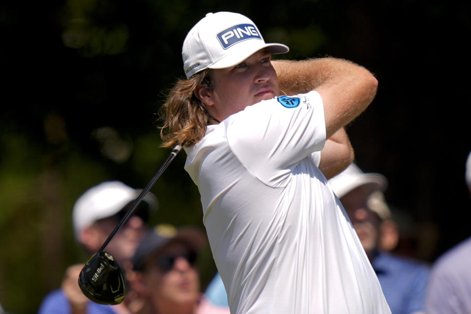 Neal Shipley watches his tee shot on the third hole during the third round of the U.S. Open golf tournament Saturday, June 15, 2024, in Pinehurst, N.C. (AP Photo/Frank Franklin II)