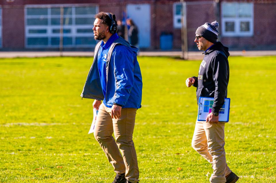 Wareham coach Christopher Gardner and assistant coach Cy Bariteau man the sidelines.