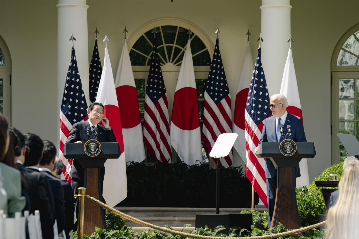 President Joe Biden and Prime Minister Fumio Kishida of Japan during a joint news conference in the Rose Garden at the White House in Washington, Wednesday, April 10, 2024. (Shuran Huang/The New York Times)