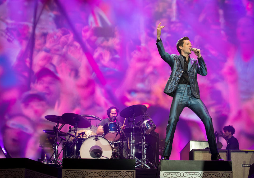 Brandon Flowers of The Killers performs live on the Pyramid stage during the 2019 Glastonbury Festival