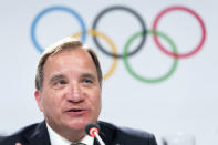 Sweden's Prime Minister Stefan Lofven speaks during a press conference of the Stockholm-Are candidate cities the first day of the 134th Session of the International Olympic Committee (IOC), at the SwissTech Convention Centre, in Lausanne, Switzerland, Monday, June 24, 2019. The host city of the 2026 Olympic Winter Games will be decided during the134th IOC Session. Stockholm-Are in Sweden and Milan-Cortina in Italy are the two candidate cities for the Olympic Winter Games 2026. (Laurent Gillieron/Keystone via AP)