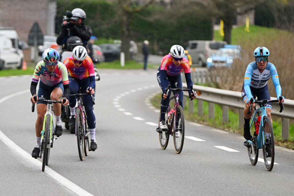 OUDENAARDE BELGIUM  APRIL 02 LR Katarzyna Niewiadoma of Poland and Team CanyonSRAM Racing Demi Vollering of The Netherlands Marlen Reusser of Switzerland and Team SD Worx and Shirin Van Anrooij of The Netherlands and Team TrekSegafredo compete during the 20th Ronde van Vlaanderen  Tour des Flandres 2023 Womens Elite a 1566km one day race from Oudenaarde to Oudenaarde  UCIWWT  on April 02 2023 in Oudenaarde Belgium Photo by Luc ClaessenGetty Images