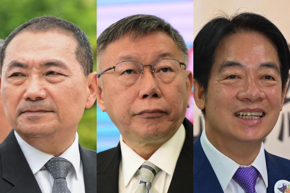 第16任總統、副總統選舉昨截止登記，確定由國民黨「侯趙配」、民眾黨「柯吳配」、民進黨「賴蕭配」3組人馬角逐，形成「三腳督」戰局。（資料照／Getty Images）