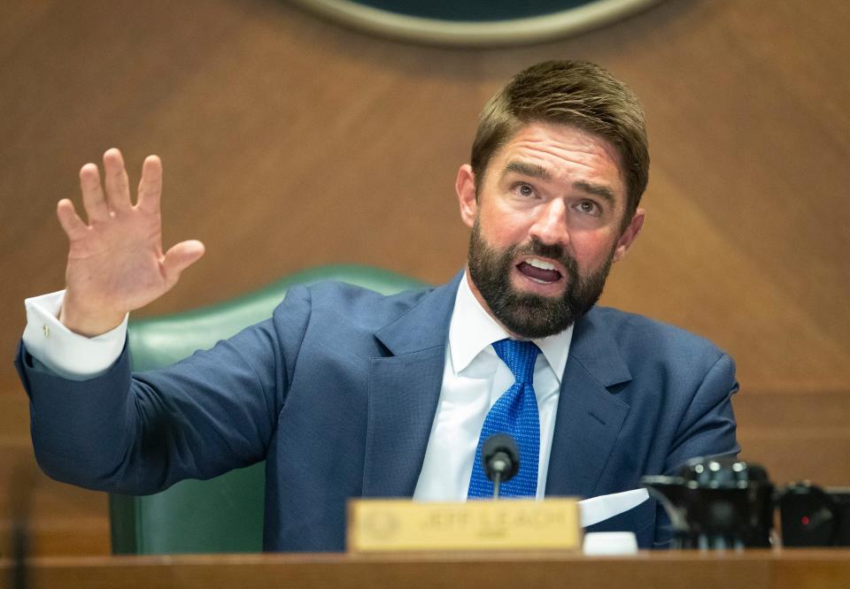 At a Texas House hearing in April 2022, Texas Rep. Jeff Leach, R-Plano, questions Cameron County District Attorney Luis Saenz for clemency in the death penalty against Melissa Lucio.